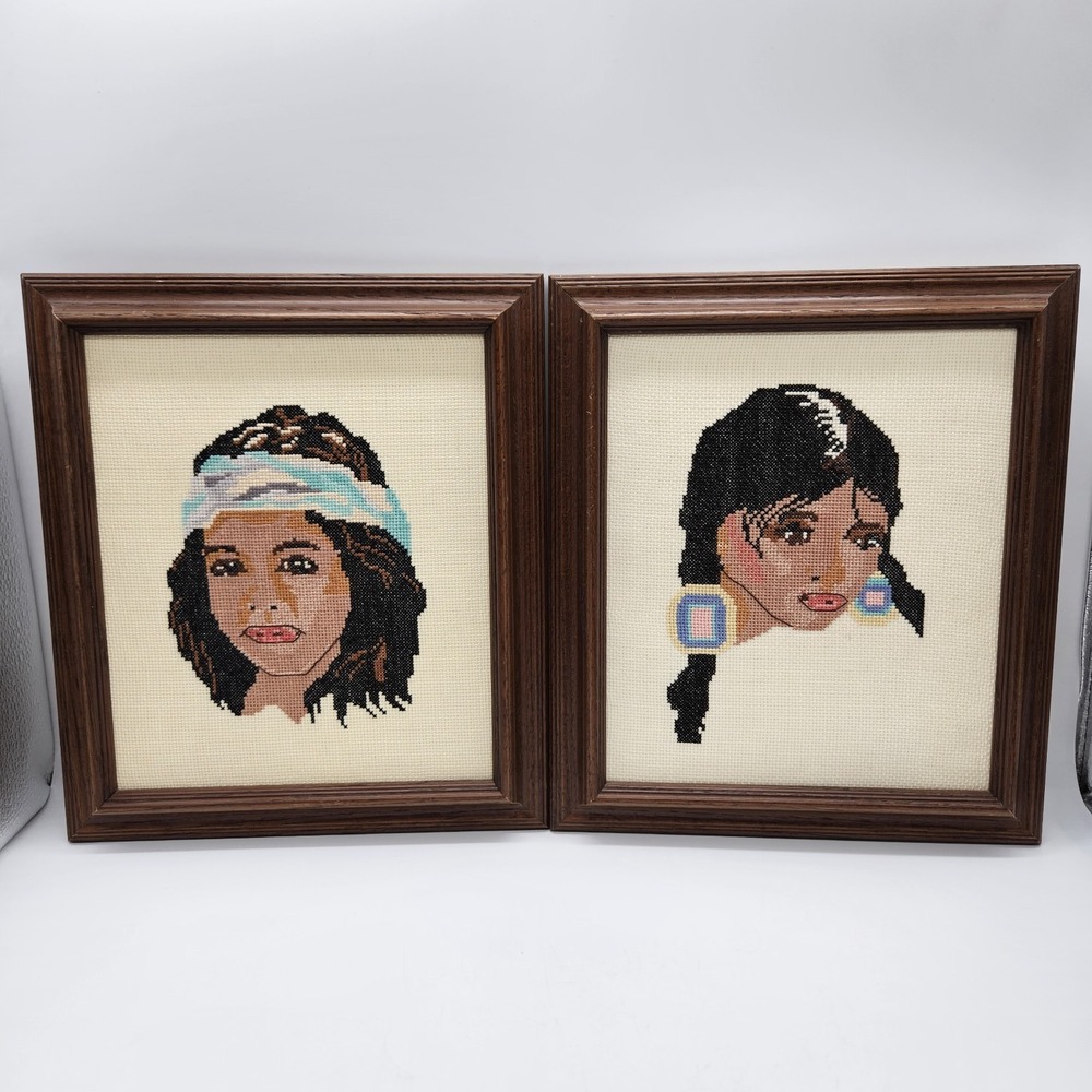 Pair Finished Cross Stitch Native American Boy Girl Framed Southwestern NO GLASS